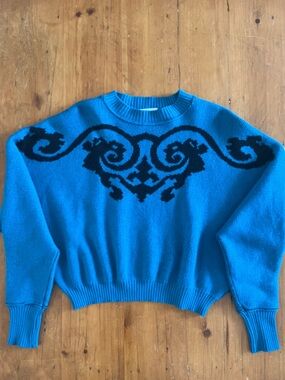 Vintage I Blues Italian Wool Teal with Black Pattern Dolman Drop Sleeve Sweater